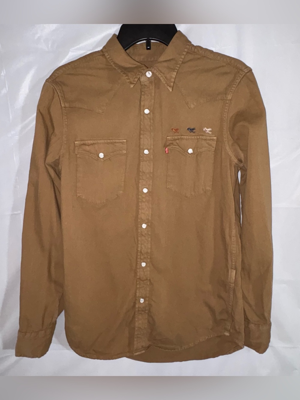 Levis Western Shirt Mens Sm Tan Brown Cotton Pearl Snap Fly Fishing Embroidered